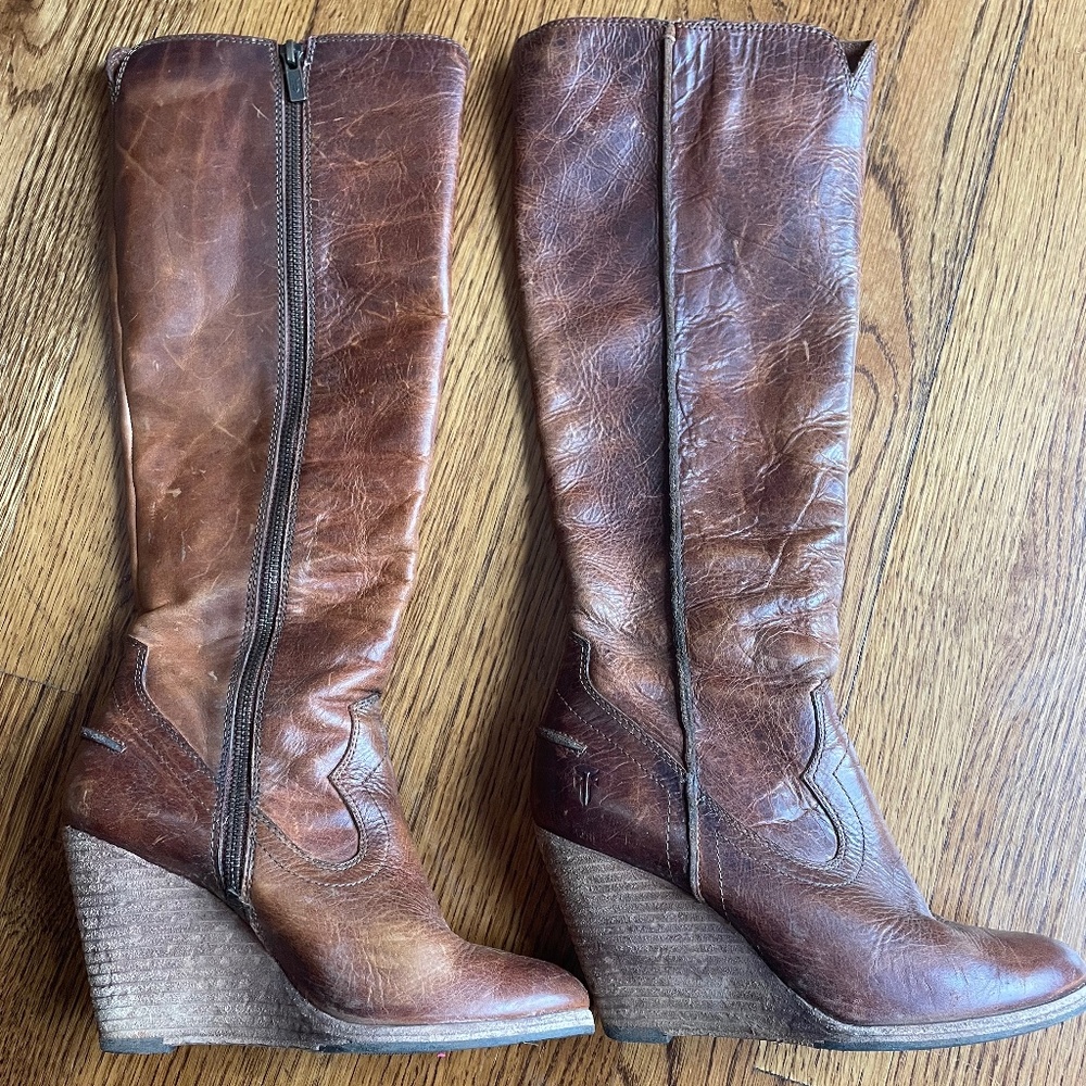 Frye Tall Wedge Boots Cece Cognac